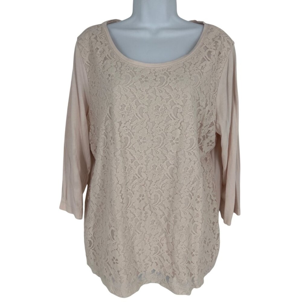 Chicos Womens Blush Pink Lace Front 3/4 Sleeve Scoop Neck Top Size 2 US L